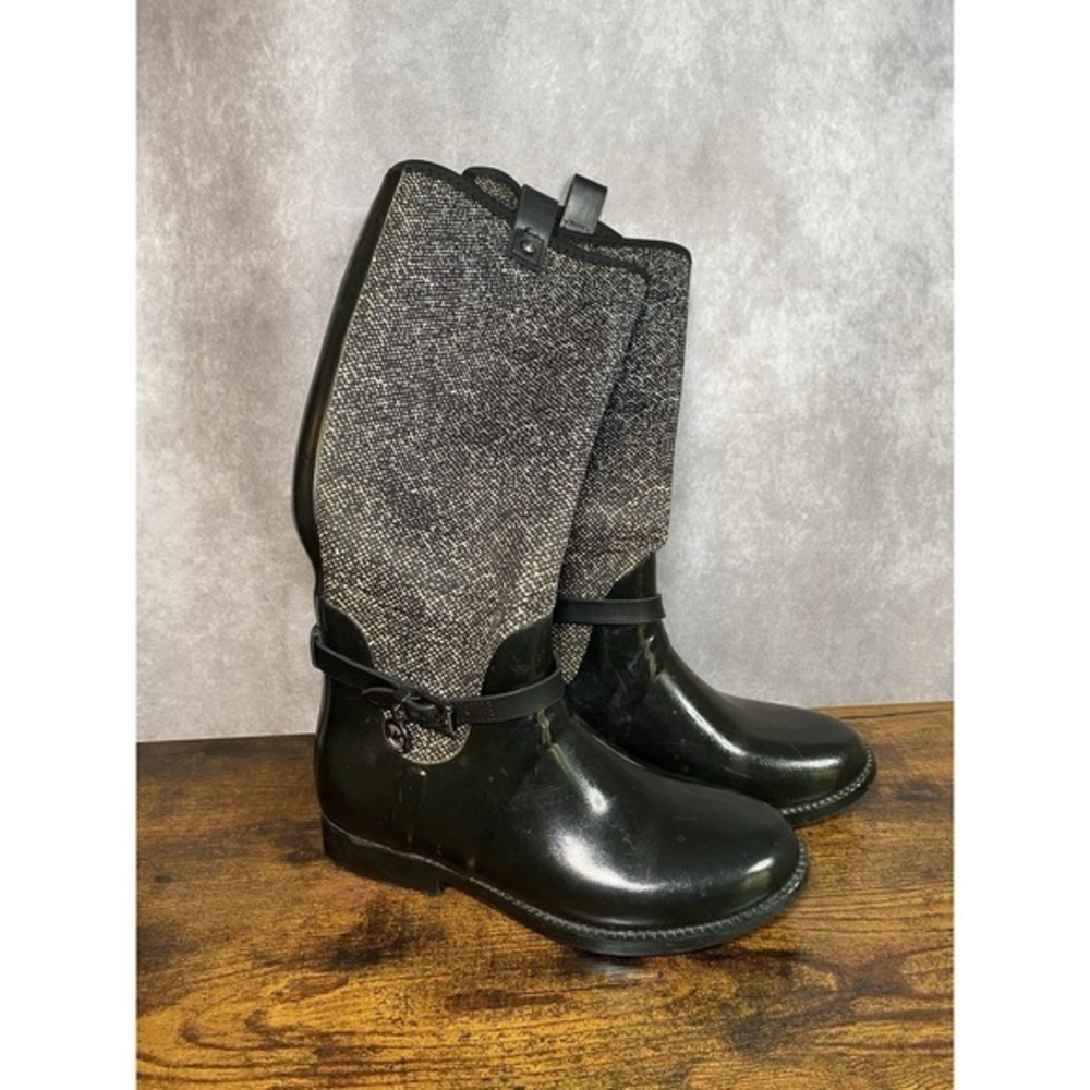 Michael Kors MK‎ CHARM Black White Stretch Tall Rain Boots Shoes Size 7